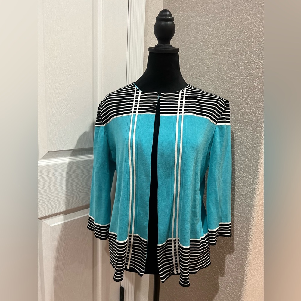 Ming Wang Cardigan Sweater jacket womens Large Blue black striped Open Front